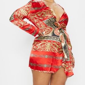 PrettyLittleThing Red Printed Satin Wrap Dress